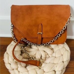 Chic cognac vegan clutch Bag with removable Chain Strap nwot